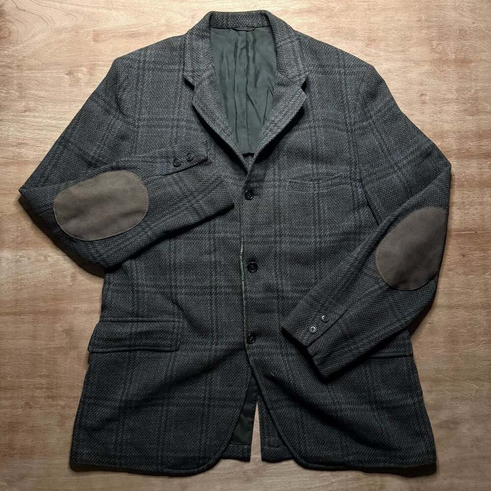 Vintage Plaid Tweed Blazer 42R Suede Elbow Patch Professor Academic Preppy